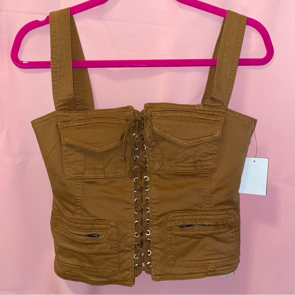 Twill Lace-up Top Front Pockets Brown Canyon 003 Kardashian Good American Medium